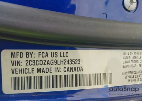 2020 Dodge Challenger Sxt из США, поврежденный, VIN 2C3CDZAG9LH243523